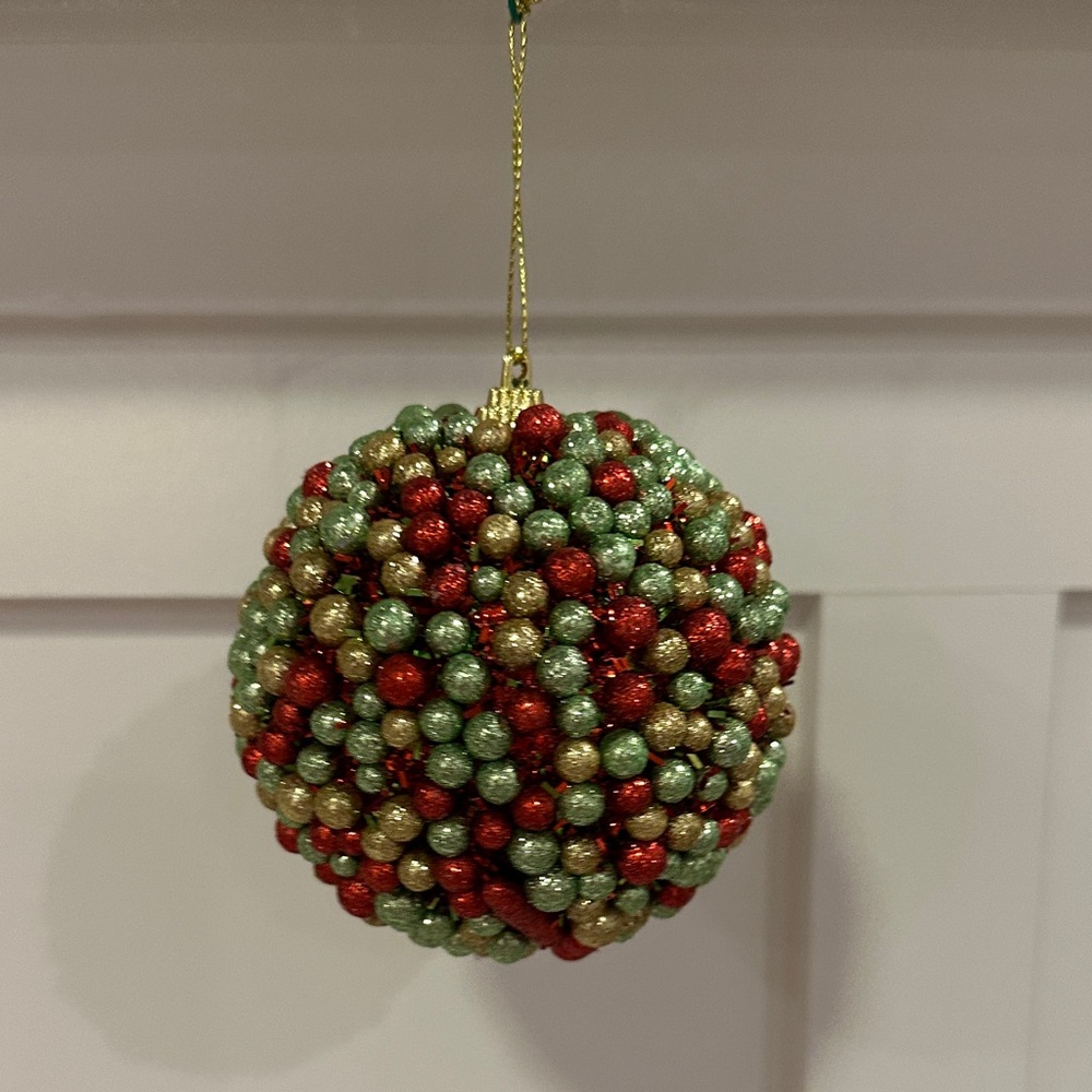 Vintage Handmade Festive Beaded and Tinsel Christmas Ornament- Red, Gold, Green